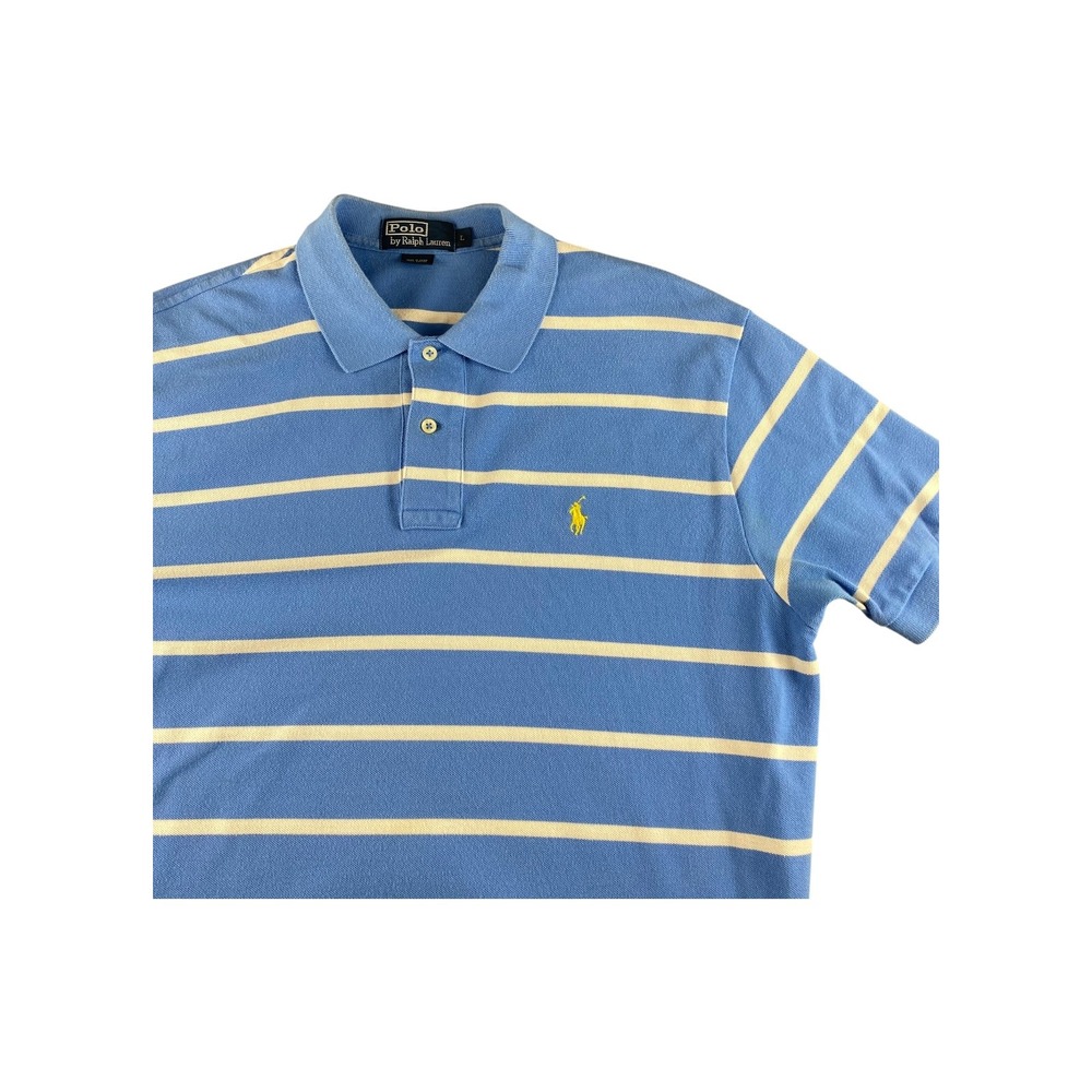 Ralph Lauren Polo Shirt Blue Yellow Stripe Mens Size Large Classic Fit Casual